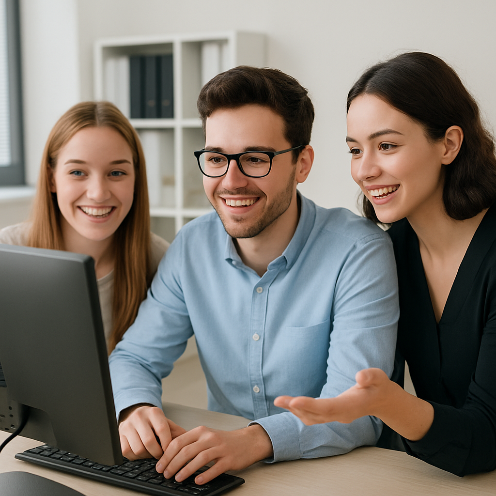 Kaufmannfrau Bromanagement 3 junge Leute 2 Frauen und ein Mann die gemeinsam dem Computer schauen und miteinander reden
