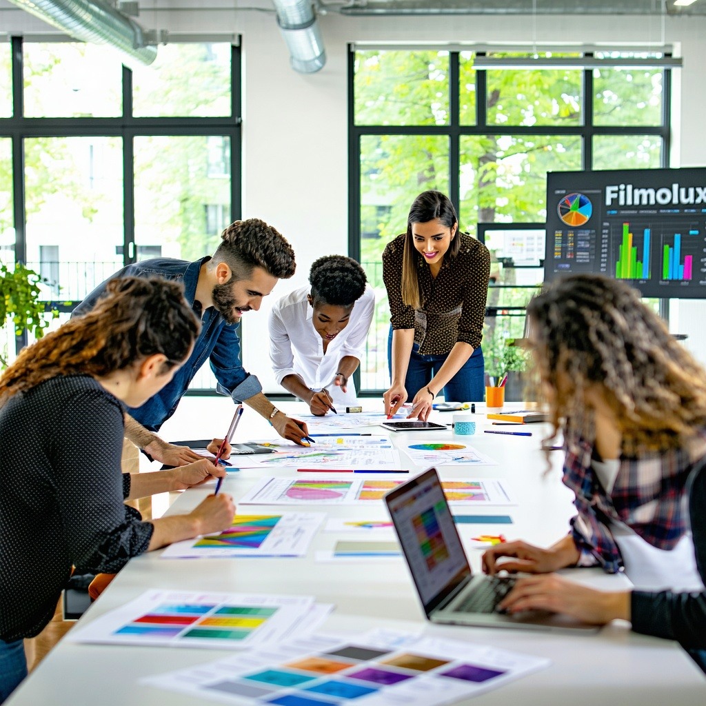 A diverse team of professionals is gathered around a large table in a bright modern workspace They are engaged in a creative project with sketches and colorful designs spread out before them Some team members are deep in discussion while others are a